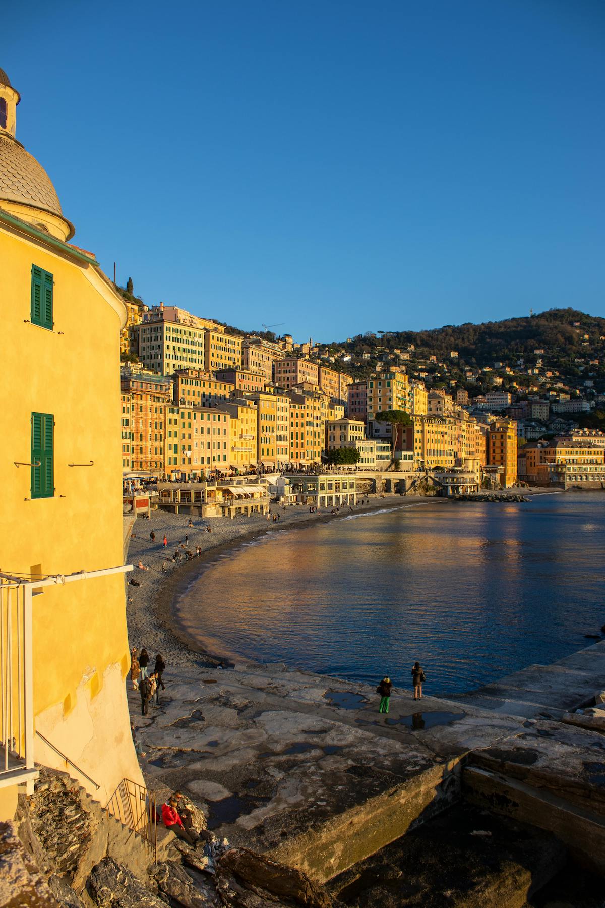 Camogli beach with colourful seafront houses, Liguria
