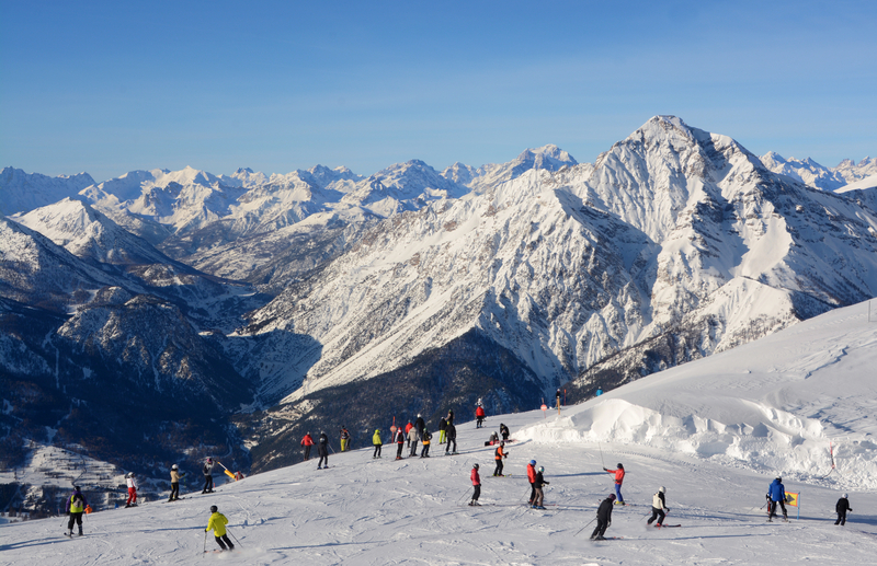 Snow-covered slopes above Sansicario in the Piedmont Alps